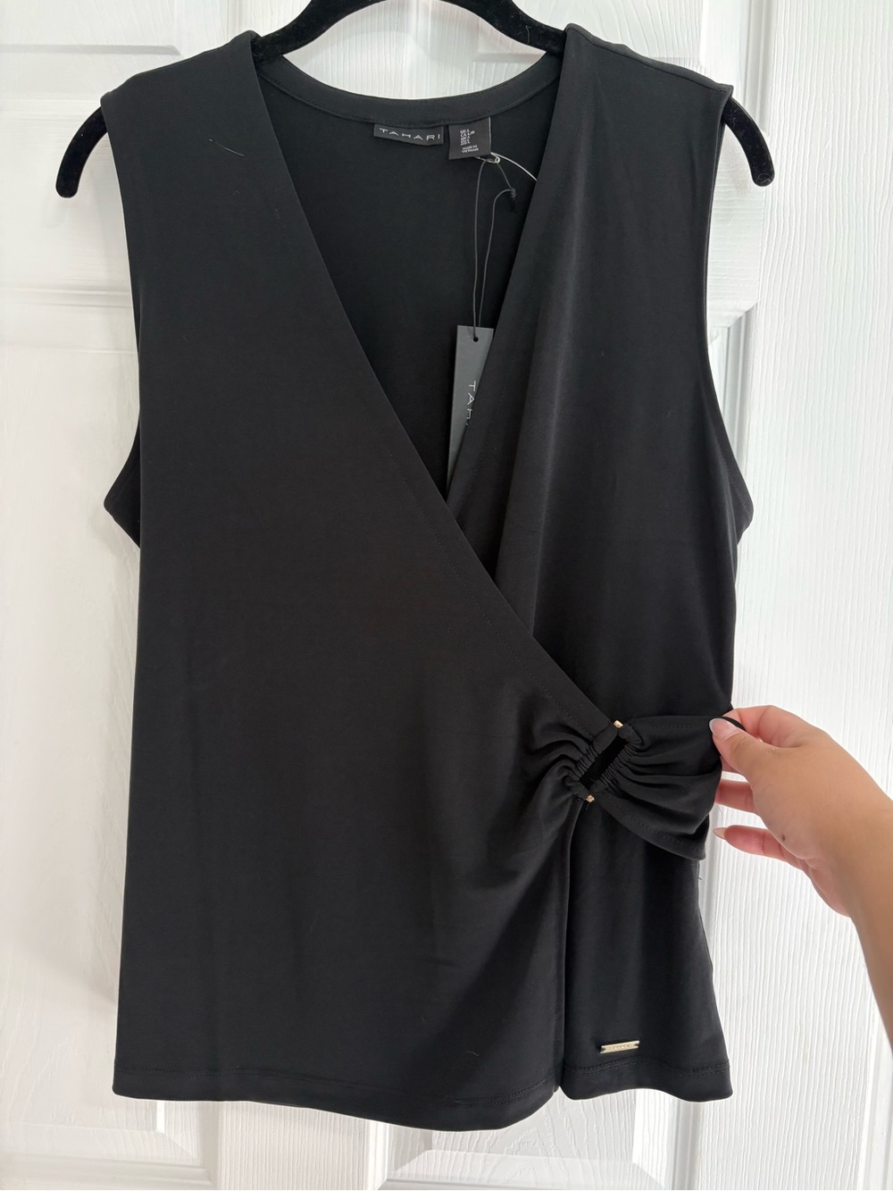 Tahari Black Sleeveless Wrap-Front Camisole with Side Knot